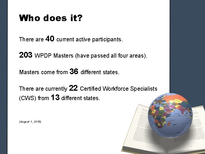 Who does it? There are 40 current active participants. 203 WPDP Masters (have passed Who does it? There are 40 current active participants. 203 WPDP Masters (have passed