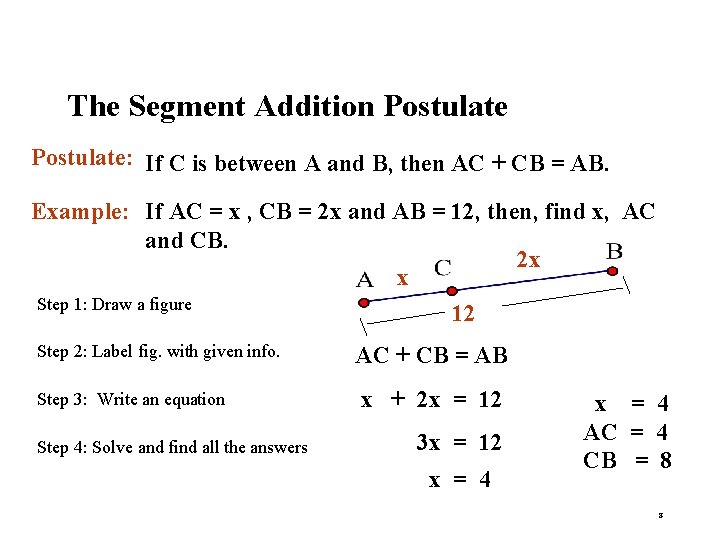 The Segment Addition Postulate: If C is between A and B, then AC +