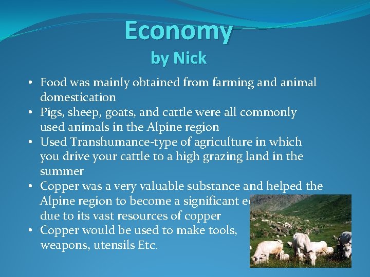 Economy by Nick • Food was mainly obtained from farming and animal domestication •