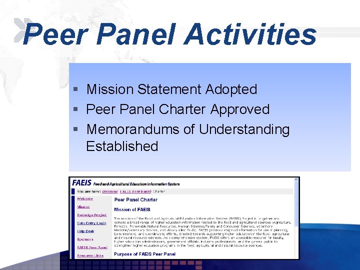 Add your company slogan Peer Panel Activities § Mission Statement Adopted § Peer Panel Add your company slogan Peer Panel Activities § Mission Statement Adopted § Peer Panel