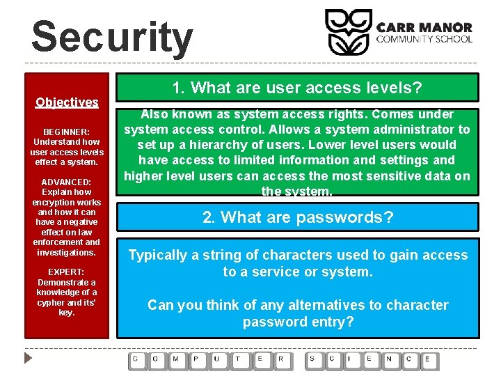 Security Objectives BEGINNER: Understand how user access levels effect a system. ADVANCED: Explain how