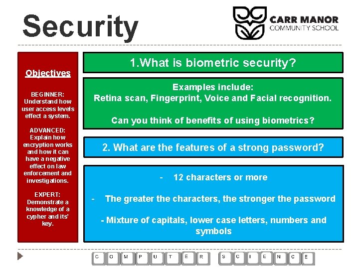 Security 1. What is biometric security? Objectives BEGINNER: Understand how user access levels effect