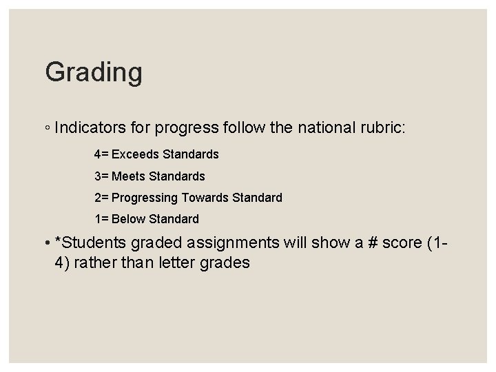 Grading ◦ Indicators for progress follow the national rubric: 4= Exceeds Standards 3= Meets