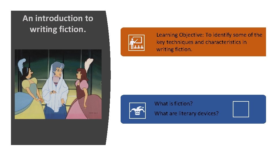 An introduction to writing fiction. Learning Objective: To identify some of the key techniques