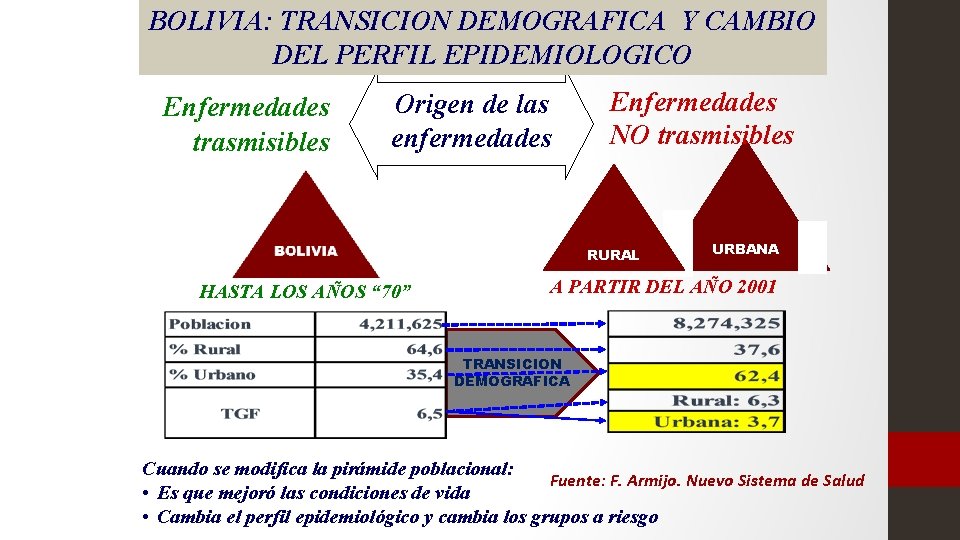 BOLIVIA: TRANSICION DEMOGRAFICA Y CAMBIO DEL PERFIL EPIDEMIOLOGICO Enfermedades trasmisibles Origen de las enfermedades