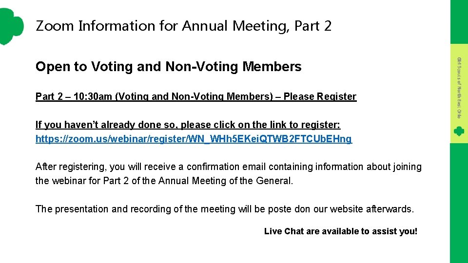Zoom Information for Annual Meeting, Part 2 Open to Voting and Non-Voting Members Part