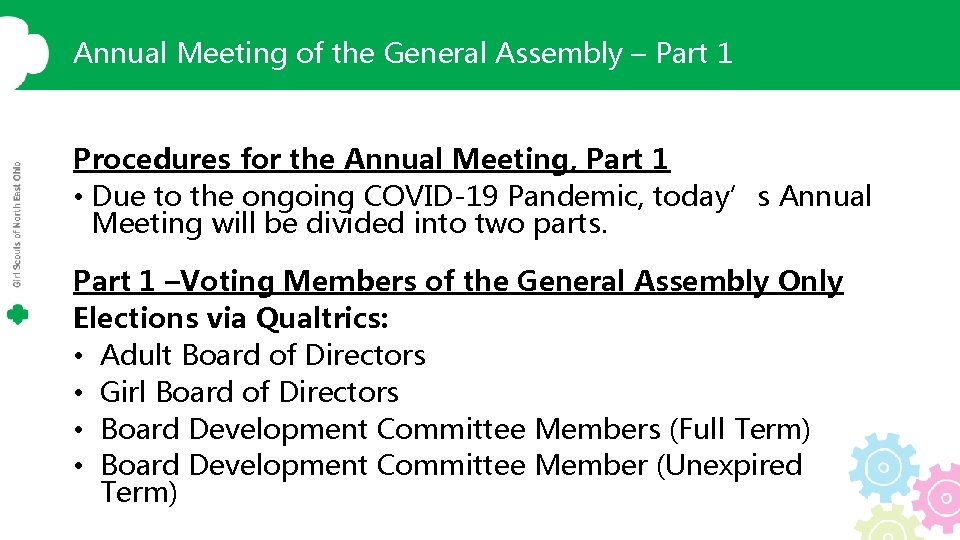 Annual Meeting of the General Assembly – Part 1 Procedures for the Annual Meeting,