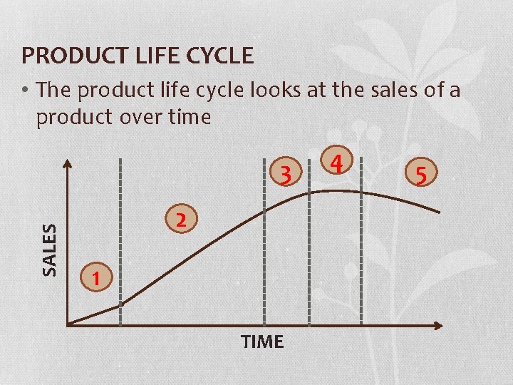 PRODUCT LIFE CYCLE • The product life cycle looks at the sales of a