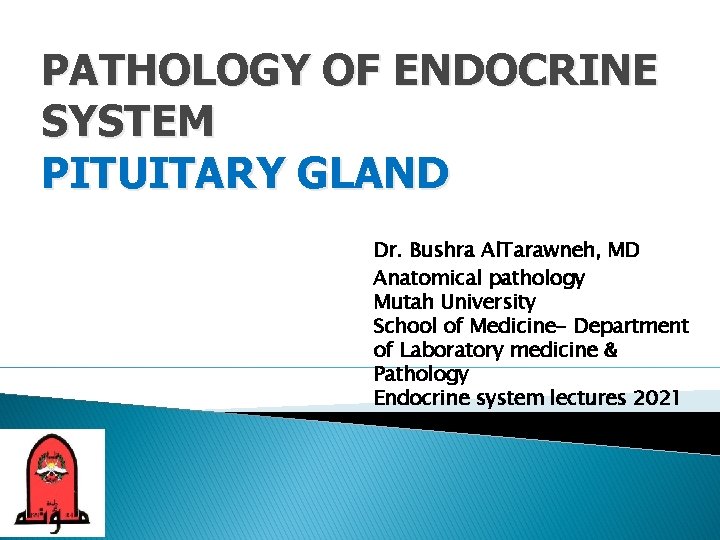 PATHOLOGY OF ENDOCRINE SYSTEM PITUITARY GLAND Dr. Bushra Al. Tarawneh, MD Anatomical pathology Mutah