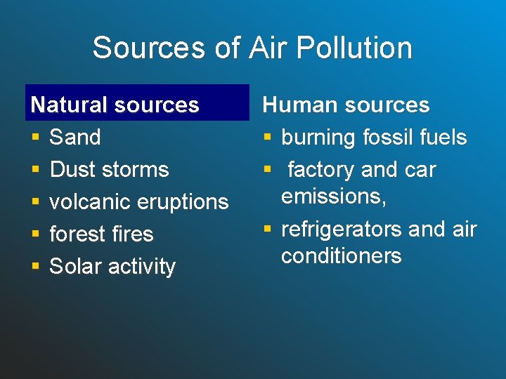 Sources of Air Pollution Natural sources § Sand § Dust storms § volcanic eruptions