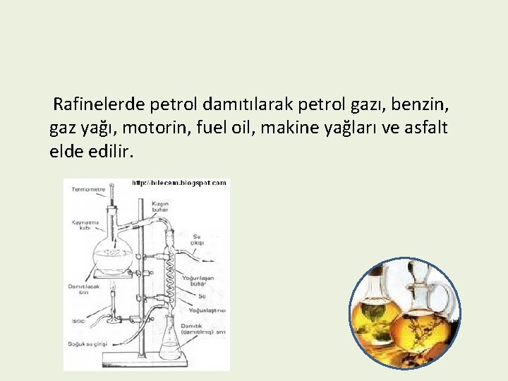 Rafinelerde petrol damıtılarak petrol gazı, benzin, gaz yağı, motorin, fuel oil, makine yağları ve