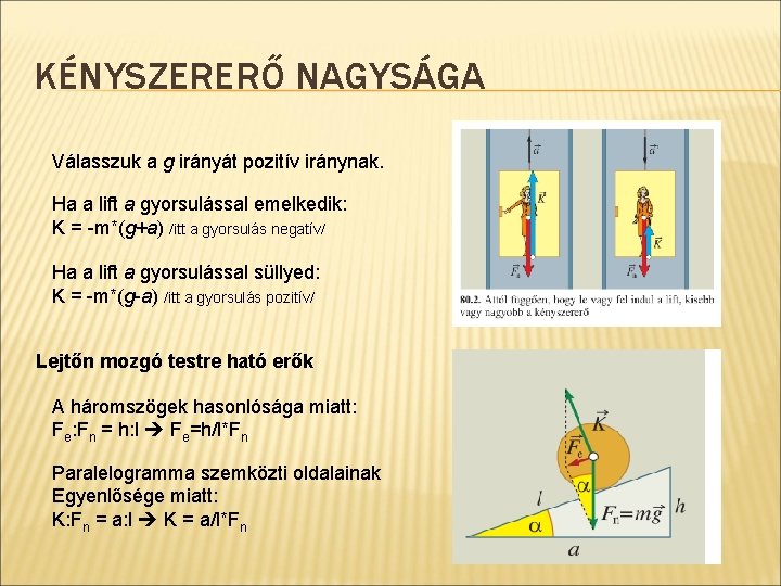 KÉNYSZERERŐ NAGYSÁGA Válasszuk a g irányát pozitív iránynak. Ha a lift a gyorsulással emelkedik: