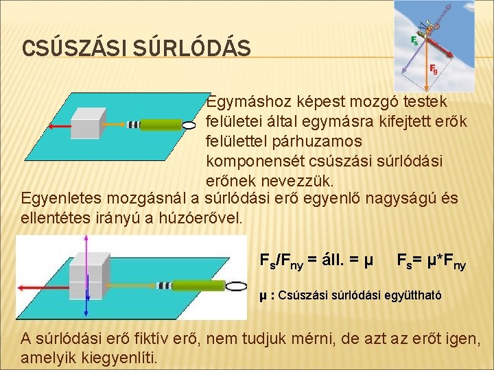 CSÚSZÁSI SÚRLÓDÁS Egymáshoz képest mozgó testek felületei által egymásra kifejtett erők felülettel párhuzamos komponensét