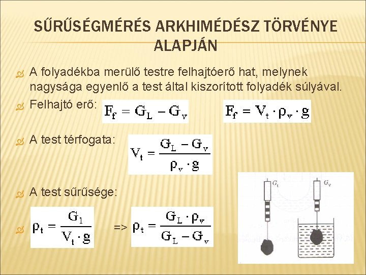 SŰRŰSÉGMÉRÉS ARKHIMÉDÉSZ TÖRVÉNYE ALAPJÁN A folyadékba merülő testre felhajtóerő hat, melynek nagysága egyenlő a