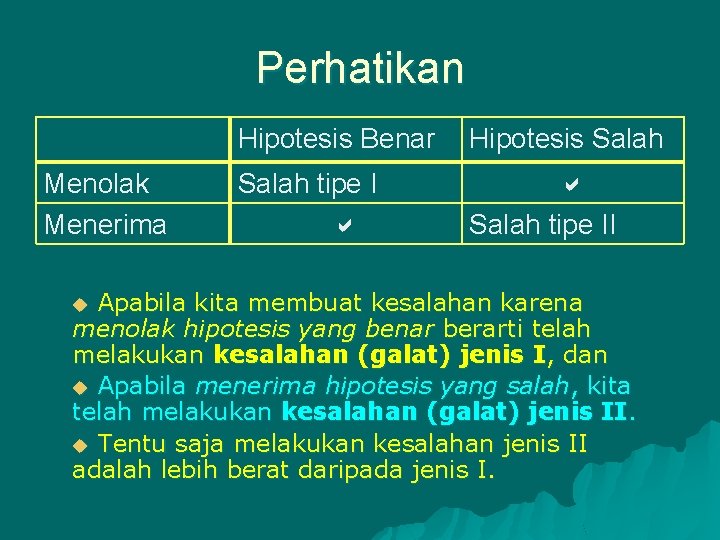 Perhatikan Menolak Menerima Hipotesis Benar Hipotesis Salah tipe II Apabila kita membuat kesalahan karena