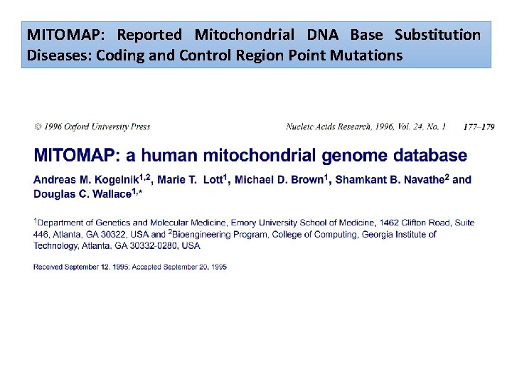 MITOMAP: Reported Mitochondrial DNA Base Substitution Diseases: Coding and Control Region Point Mutations 