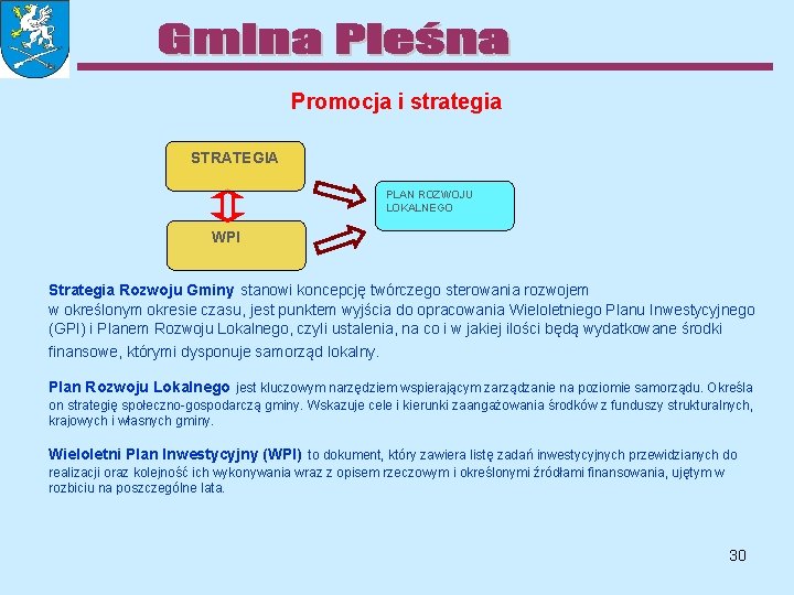 Promocja i strategia STRATEGIA PLAN ROZWOJU LOKALNEGO WPI Strategia Rozwoju Gminy stanowi koncepcję twórczego