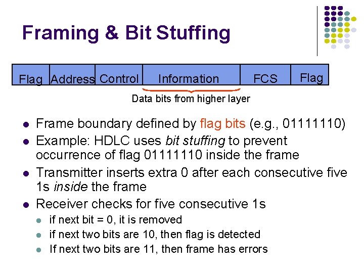 Framing & Bit Stuffing Flag Address Control Information FCS Flag Data bits from higher