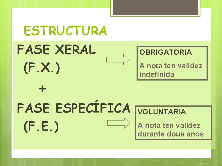 ESTRUCTURA FASE XERAL (F. X. ) + FASE ESPECÍFICA (F. E. ) OBRIGATORIA A