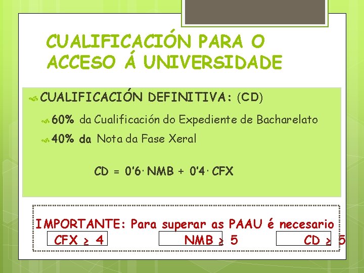 CUALIFICACIÓN PARA O ACCESO Á UNIVERSIDADE CUALIFICACIÓN DEFINITIVA: (CD) 60% da Cualificación do Expediente