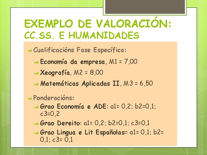 EXEMPLO DE VALORACIÓN: CC. SS. E HUMANIDADES Cualificacións Economía Fase Específica: da empresa, M