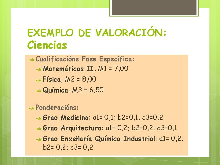 EXEMPLO DE VALORACIÓN: Ciencias Cualificacións Fase Específica: Matemáticas II, M 1 = 7, 00