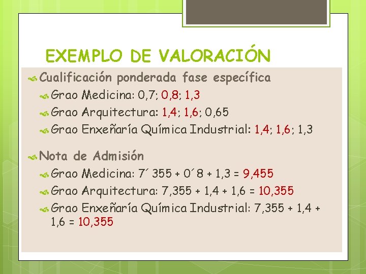 EXEMPLO DE VALORACIÓN (Ciencias)ponderada fase específica Cualificación Grao Medicina: 0, 7; 0, 8; 1,