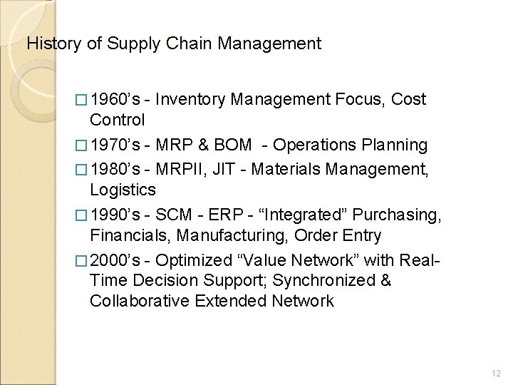 History of Supply Chain Management � 1960’s - Inventory Management Focus, Cost Control �