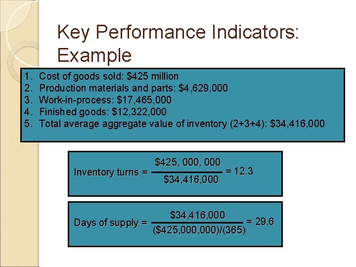 Key Performance Indicators: Example 1. 2. 3. 4. 5. Cost of goods sold: $425