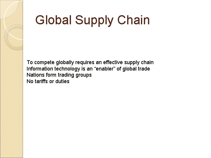 Global Supply Chain To compete globally requires an effective supply chain Information technology is