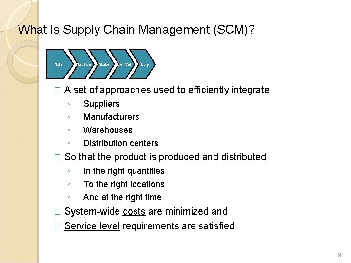 What Is Supply Chain Management (SCM)? Plan � Source Deliver Buy A set of