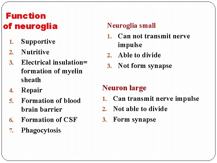 Function of neuroglia 1. 2. 3. 4. 5. 6. 7. Supportive Nutritive Electrical insulation= Function of neuroglia 1. 2. 3. 4. 5. 6. 7. Supportive Nutritive Electrical insulation=