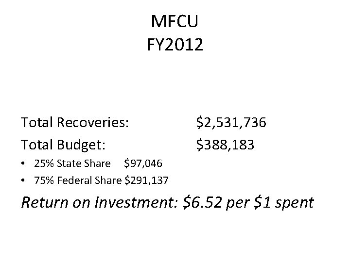 MFCU FY 2012 Total Recoveries: Total Budget: $2, 531, 736 $388, 183 • 25% MFCU FY 2012 Total Recoveries: Total Budget: $2, 531, 736 $388, 183 • 25%