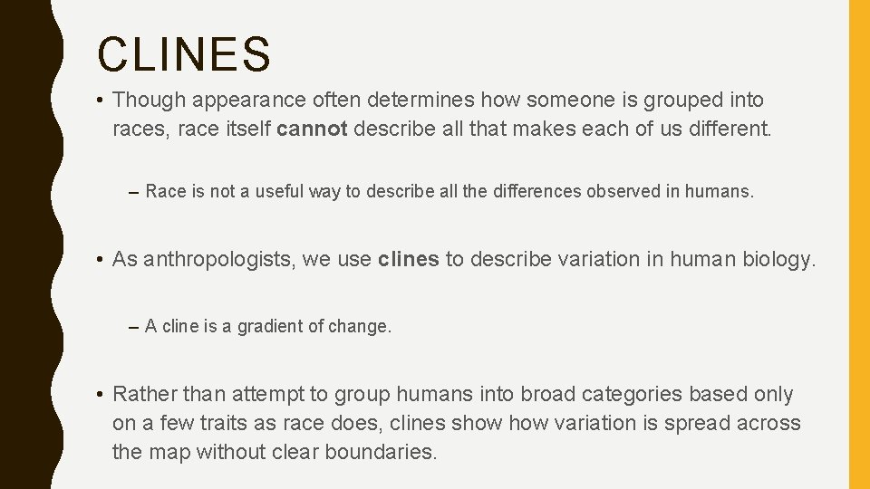 CLINES • Though appearance often determines how someone is grouped into races, race itself