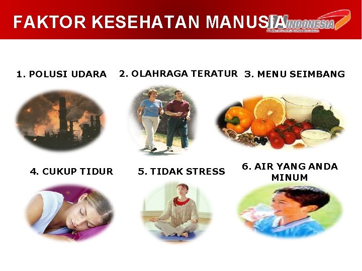 FAKTOR KESEHATAN MANUSIA 1. POLUSI UDARA 4. CUKUP TIDUR 2. OLAHRAGA TERATUR 3. MENU