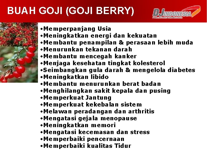 BUAH GOJI (GOJI BERRY) • Memperpanjang Usia • Meningkatkan energi dan kekuatan • Membantu