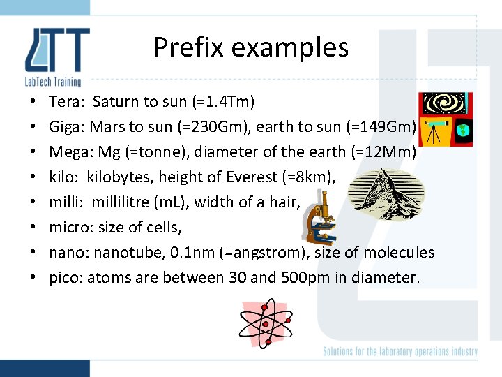 Prefix examples • • Tera: Saturn to sun (=1. 4 Tm) Giga: Mars to