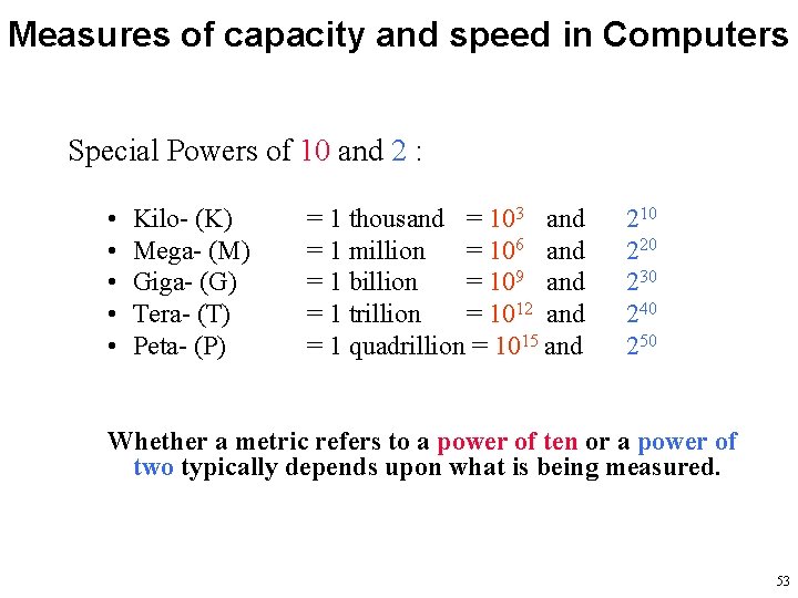 Measures of capacity and speed in Computers Special Powers of 10 and 2 :