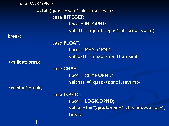 case VAROPND: switch (quad->opnd 1. atr. simb->tvar) { case INTEGER: tipo 1 = INTOPND;