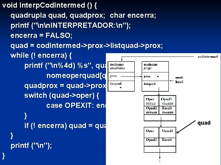 void Interp. Cod. Intermed () { quadrupla quad, quadprox; char encerra; printf ("nn. INTERPRETADOR: