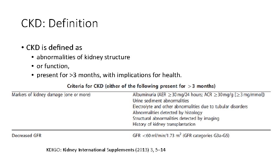 CKD: Definition • CKD is deﬁned as • abnormalities of kidney structure • or