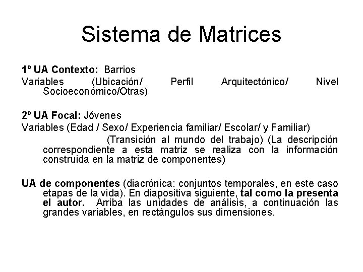 Sistema de Matrices 1º UA Contexto: Barrios Variables (Ubicación/ Socioeconómico/Otras) Perfil Arquitectónico/ Nivel 2º