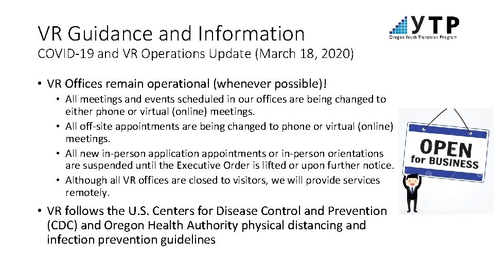 VR Guidance and Information COVID-19 and VR Operations Update (March 18, 2020) • VR
