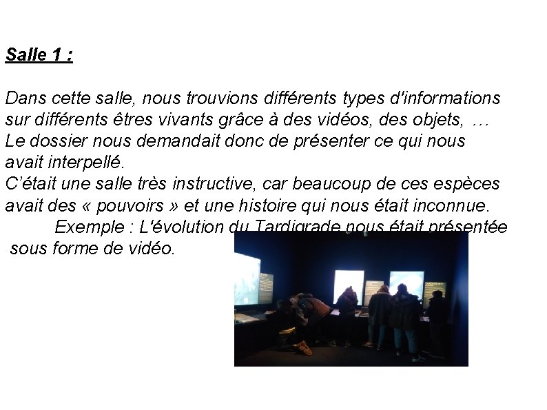 Salle 1 : Dans cette salle, nous trouvions différents types d'informations sur différents êtres