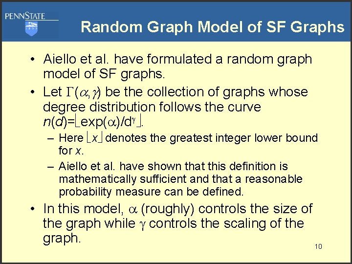 Random Graph Model of SF Graphs • Aiello et al. have formulated a random