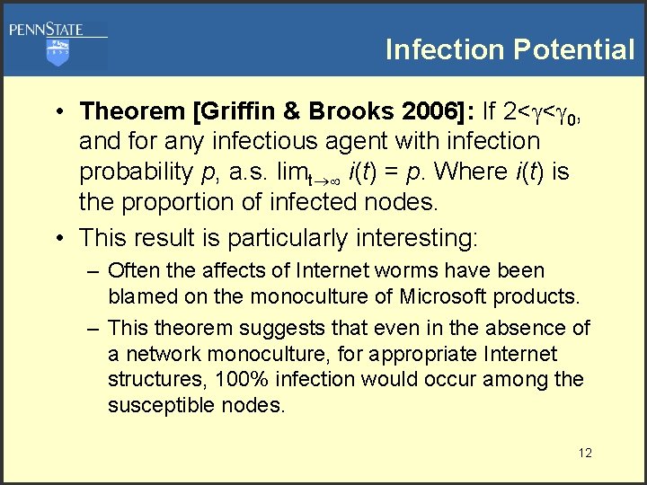 Infection Potential • Theorem [Griffin & Brooks 2006]: If 2< < 0, and for