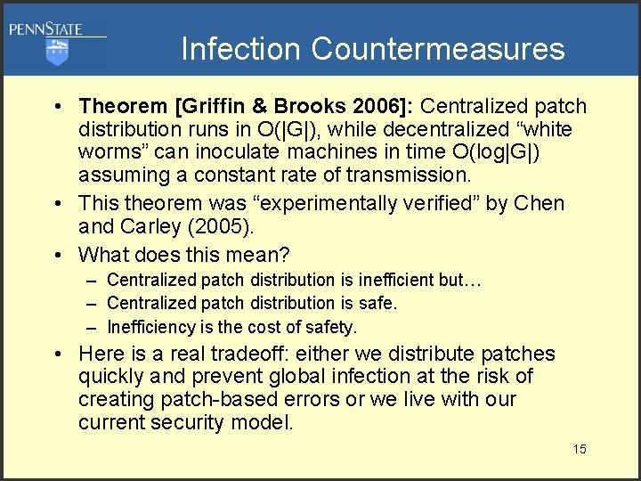 Infection Countermeasures • Theorem [Griffin & Brooks 2006]: Centralized patch distribution runs in O(|G|),