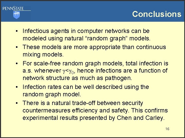 Conclusions • Infectious agents in computer networks can be modeled using natural “random graph”