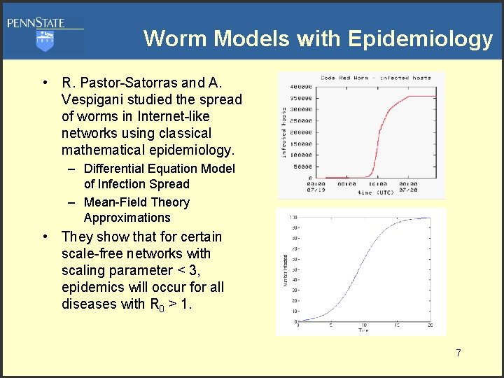 Worm Models with Epidemiology • R. Pastor-Satorras and A. Vespigani studied the spread of