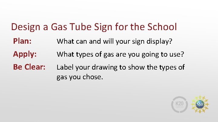 Design a Gas Tube Sign for the School Plan: Apply: Be Clear: What can